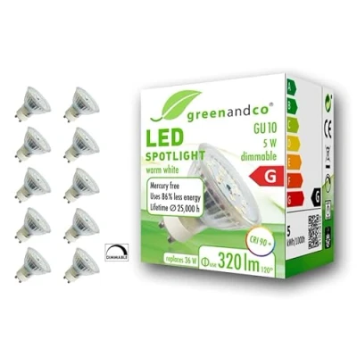 Image of greenandco® CRI 90+ dimmable LED spot Replaces 36 Watt GU10 Halogen Spotlight, 5W 320 Lumen 3000K Warm White 110 230V, no Flicker, 10 Pack
