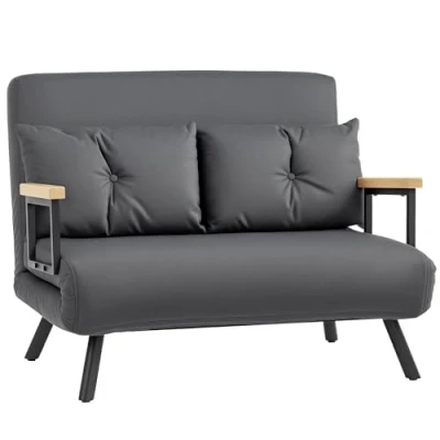 Image of HOMCOM 2 Seater Sofa Bed, Click Clack Convertible Bed Settee, Modern Velvet Feel Fabric Couch with Tufted Cushions, Wood Armrests for Living Room, Bedroom, Guest Dark Grey