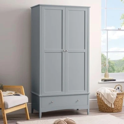 Image of CHRISTOW Grey Double Wardrobe with Drawer, 2 Door Storage Organiser Cupboard, Modern Wooden MDF Bedroom Furniture, Clothes Rail, Shelf, Brushed Chrome Handles, Soft Shut Hinges, 185cm x 94.5cm 50cm