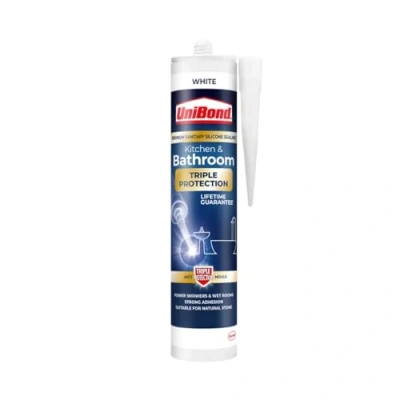 Image of UniBond Triple Protection Stop Mould Silicone Sealant For Kitchen &amp; Bathrooms, White Repels, Kills and Prevents Growth, Long Lasting Shower Sealant, 1x291g Cartridge
