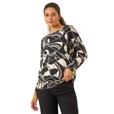 Image of Roman Originals Blouson Top for Women UK Ladies Drop Shoulder Long Sleeve Jersey Stretchy Oversized Casual Office Jumper Soft Everyday Sweater Lounge Sweatshirt Blouses Noir &amp; Blanc Size 14