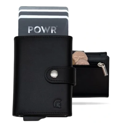 Image of POWR Wallet Men Metal Cardholder with Coin Compartment. Black Vegan Leather RFID Card Holder for Men. Minimalist Credit Holders Pop Up Slim