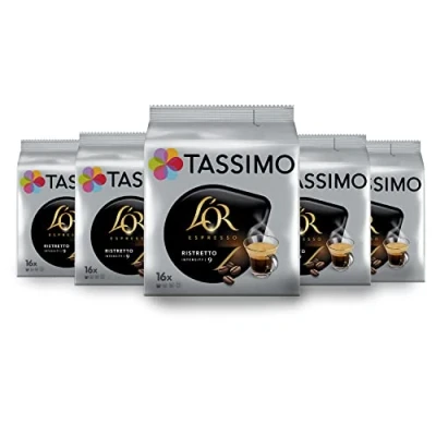 Image of Tassimo, 80 Ristretto L&#039;OR Espresso Pods, Compatible with TASSIMO Machines, Coffees, Full bodied and Powerful, 5 packs of 16 pods (Packaging may vary)
