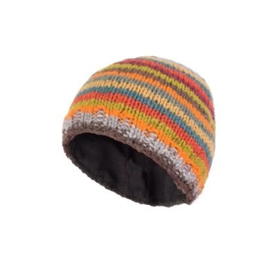 Image of Pachamama Women Wool Beanie Hat Fleece Lined Handknitted Stripe Multicoloured One Size Handmade Extra Warm Fair Trade