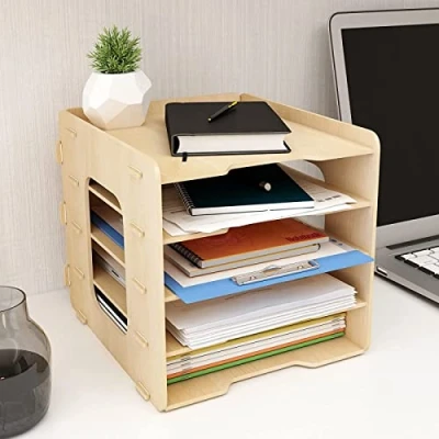 Image of PUNCIA 5 Tiers Lengthways Wood Office Paper Organizer for Desk Desktop File Holder Stackable Letter Tray A4 Sorter Document Book Magazine Mail Storage Shelf Rack Literature