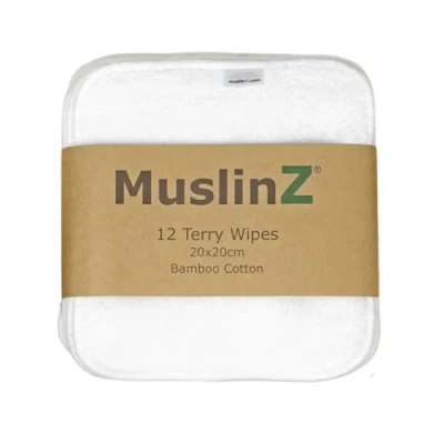 Image of MuslinZ 12PK Wipes Bamboo Cotton Terry 20x20 cms Face Cloth Washable reuseable Baby (White)