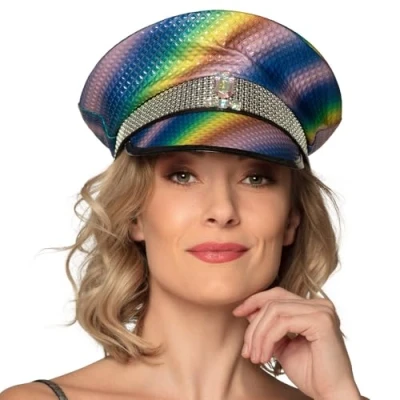 Image of Boland 44761 Sunset Sparkle Hat Rainbow Colours with Studs and Gemstones Rock Star Punk Lady Costume Carnival Theme Party