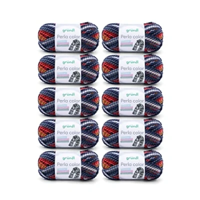 Image of Gründl Wool Perla Colour (Wool Like Hand Knitting Yarn Made from 100% Polyester, 100 g / 90 m, Needle Size: 8 9, 10 x g), White Basalt Blue red Curry