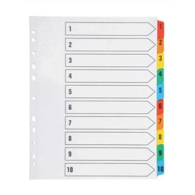 Image of indigo® Dividers, Extra Wide A4+, Index Multipunched Mylar Reinforced Multicolour Tabs White (1 10, Pack of 10)