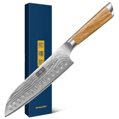 Image of HOSHANHO Damascus Santoku Knife 7 Inch, Professional Japanese Super Steel Kitchen Knife, Cooking with Durable Ergonomic Olive Wood Handle