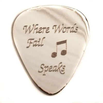 Image of Personalised 1mm &quot;Where Words Fail Music Speaks&quot; Guitar Plectrum Pick (Silver) Enter Your Own Custom Text