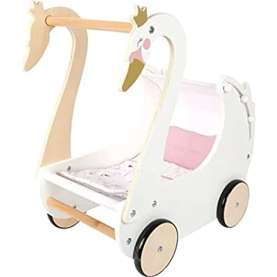 Image of Small Foot 12283 Wooden Swan Pram with Reversible Bedding for Dolls and Plush Toys up to 46 cm from 3 Years, Multicolored