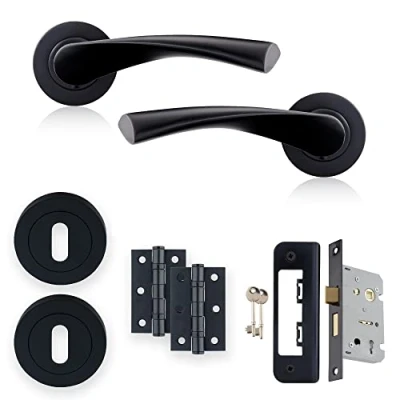 Image of XFORT Matt Black Warped Lever On Rose Lock Pack, with Ball Bearing Hinges, Escutheons &amp; A Sashlock, Ideal for Internal Wooden Doors Home and Office.
