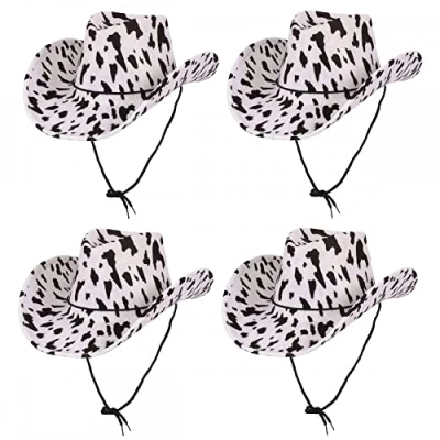 Image of 4 x COWPRINT Texan Cowboy Hats : Adult Unisex Mens Womens Cowgirl Wild West Rodeo Stag Hen Night Fancy Dress Accessory