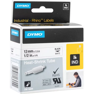 Image of DYMO Rhino Industrial Heat Shrink Cable Label Tubes 12mm x 1.5m Black Print on White for Makers