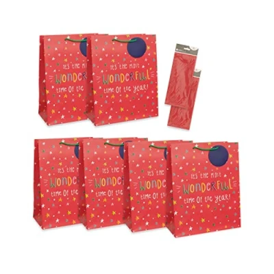 Image of UK Greetings Multipack of 6 Large Christmas Giftbags &amp; 2 Packs Red Tissue Paper Cheerful Design