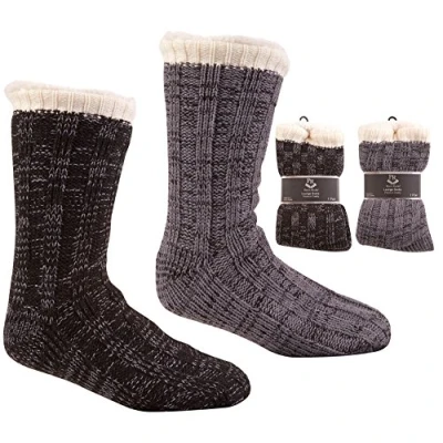 Image of Mens Pierre Roche Chunky Knitted Soft Fleece Lined Slipper Socks 40B445 1 Black Grey