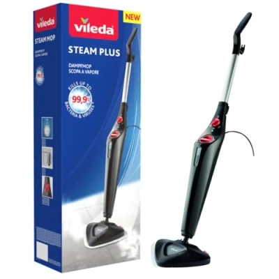 Image of Vileda Steam Mop PLUS, Black Cleaner for all floors, Kills and Removes Viruses, Germs Bacteria up to 99.9%, 3 Settings, 400ml Water Tank, Heats in 15 seconds, Reaches Corners