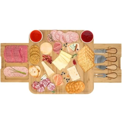 Image of LaDonna Bamboo Cheese Board and Knife Set Large Charcuterie Boards with Drawer Serving Tray, Kitchen Accessories Set, Gift
