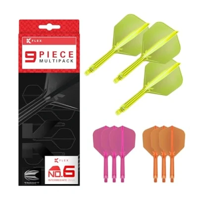 Image of TARGET Darts K Flex Integrated Dart Flights and Shafts, Intermediate Stem (26mm), No.6 Flight, 9 pack Bundle, Neon Pink, Orange &amp; Yellow