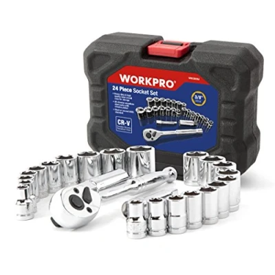 Image of WORKPRO 24PC Socket Set 3/8&quot; Ratchet Drive Sockets Wrench, 11pc Metric &amp; 10pc SAE Sockets, Extension Bar Spark Plug Rachet Spanners with Blow Molded Case