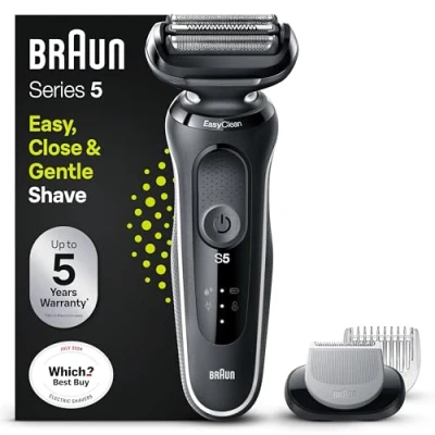 Image of Braun Series 5 51 W1600s Electric Shaver for Men with EasyClick Body Groomer Attachment, EasyClean, Wet &amp; Dry, Rechargeable, Cordless Foil Razor, White, Rated Which Best Buy