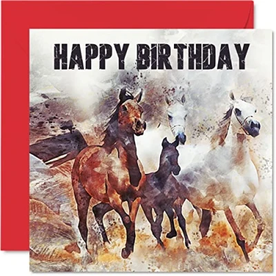 Image of Horse Birthday Cards for Women Men Stable Farm Horses Nature Card Daughter Sister Auntie Mum Nanny Son Brother Dad Uncle Grandad, 145mm x Bday Greeting