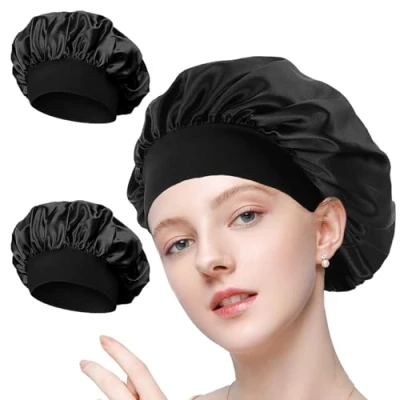 Image of 2Pcs Silk Bonnet for Sleeping,Silk Bonnet,Satin Bonnet,Silk Hair Wrap Sleeping,Hair Straight and Curly Hair,Hair Care Head Cover Elastic Hat(Black)