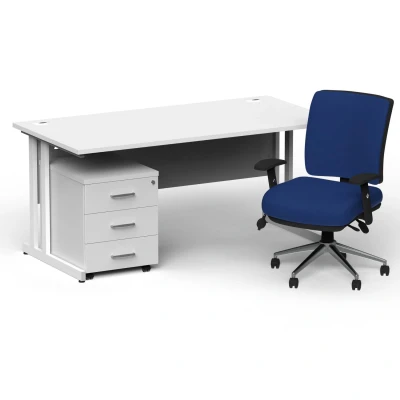 Image of Impulse 1800 White Cant Desk + 3 Dr Mobile Ped &amp; Chiro Blue