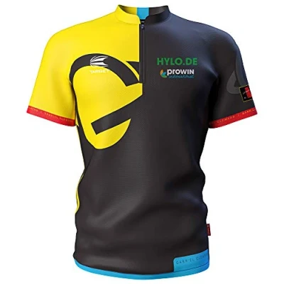Image of Target Darts Unisex &#039;German Giant&#039; Coolplay Collarless Gabriel German Giant Clemens Pro Shirt XXL, Black and Yellow, XXL UK