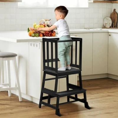 Image of COSYLAND toddler Kitchen Step Stool Tower Nursery for Kids Toddlers Children,Standing Counter, Mothers&#039; Helper Learning Stool,Made of Natural Solid Bamboo Black