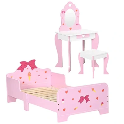 Image of ZONEKIZ 3PCs Kids Bedroom Furniture Set with Bed, Dressing Table and Stool, Princess Themed, for 3 6 Years Old, Pink