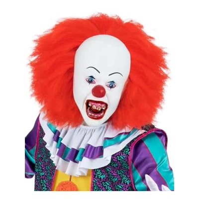 Image of Smiffys IT The Movie Pennywise Mask for Adults, Full Head Latex with Hair, White and Red, Officially Licensed, Ideal Halloween Matching Group Fancy Dress Events