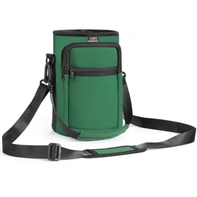 Image of Nuovoware Water Bottle Carrier Bag, 64oz Pouch Holder, Adjustable Shoulder Hand Strap 2 Pocket Sling Neoprene Sleeve Sports Accessories for Hiking Travelling Camping, Dark Green