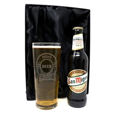 Image of Regalo Personalised Pint Glass &amp; Beer Design (San Miguel Premium Especial Lager Beer, Silk Lined Gift Box)