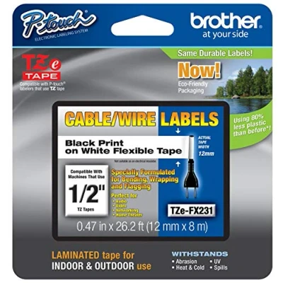 Image of Brother Genuine P Touch TZE FX231 Tape, 1/2&quot; (0.47&quot;) Wide Flexible ID Laminated Black on White, Best Suited for Wire Wrapping and Frlagging, Water Resistant, 0.47&quot; x 26.2&#039; (12mm 8M), TZEFX231