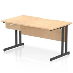 Image of Impulse 1400 x 800mm Scalloped Edge Straight Office Desk Maple Top Black Cantilever Leg Workstation 1 Drawer Fixed Pedestal