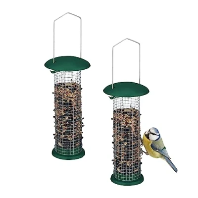 Image of Relaxdays 2x Bird Feeders for Hanging, Feeding Stations, Safe from Predators, Easy to Refill, Metal Net, 33x10cm, Green, Iron