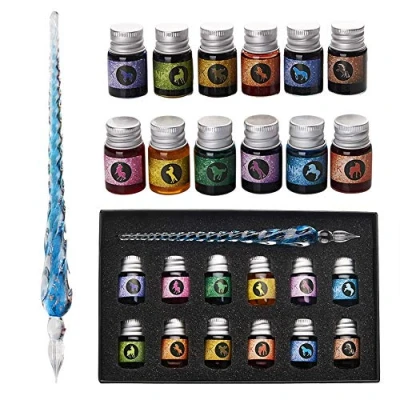 Image of mancola Glass Dipped Pen Ink Set Handmade Crystal Writing with 12 Colorful Inks For Art, Signatures, Calligraphy, Drawing，Decoration, Gift Beginners and Artist Ma 13