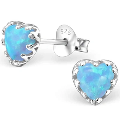 Image of The Goldmine 925 Sterling Silver and Light Blue Opal Heart Earrings