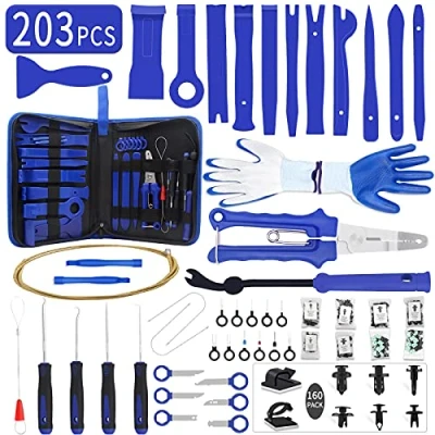 Image of Wetado Trim Removal Tool Kit, Car Panel/Door/Audio Set, Auto Clip Pliers/Fastener Terminal Remover Tool, Push Pin Bumper Retainer Clip, Plastic Pry Set with Storage Bag(203Pcs Blue)
