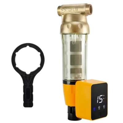Image of iSpring WSP50ARB Spin Down Sediment Water Filter, Reusable with Touch Screen Auto Flushing Module and Built in Housing Scraper, Brass Top Clear Housing, 50 Micron