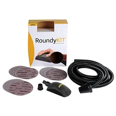 Image of Mirka Roundy Dust Free Hand Sanding Block Kit Set for use with 6&#039;&#039; Sandpaper Disc/Hook and Loop/Abranet Mesh Net Discs/Vacuum Hose, Black, Yellow (KIT00ROUND)