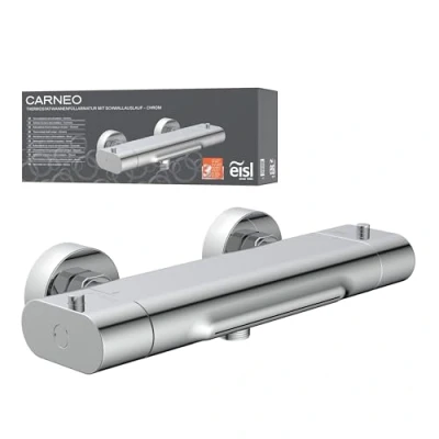 Image of EISL Carneo Bath Mixer Tap with Thermostatic Regulation, Waterfall Spout, Safety Lock at 38C, Lower Risk of Shock Due to Short Overhang, Chrome