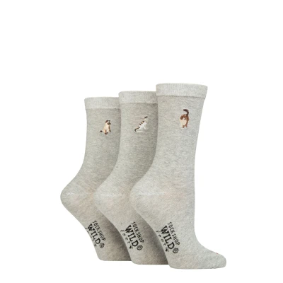 Image of Women&#039;s 3 Pair SOCKSHOP Wildfeet Embroidered Socks Grey Cats 4 8