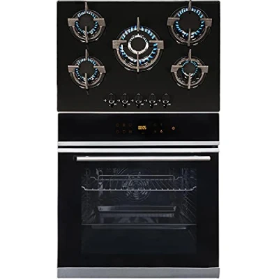 Image of SIA BISO6SS Premium 60cm Black 10 Function Built in Single Electric True Fan Oven &amp; GHG703BL 5 Burner Gas On Glass Hob With FFD LPG Kit