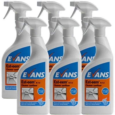 Image of 6 x Evans Est eem Unperfumed Ready to Use Anti Bacterial Cleaner Sanitiser and Terminal Disinfectant 750ltr bottles