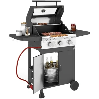 Image of Outsunny 3 Burner Gas BBQ Trolley with See through Lid, 7.5 kW Propane Barbecue Grill Thermometer, Wheels, Warming Rack, Shelves, Black