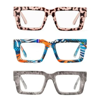 Image of JM Oversized Reading Glasses for Women Men with Spring Hinge, Fashion Square Blue Light Blocking Computer Readers 3 Pack 3.5