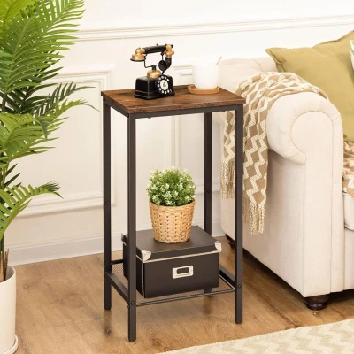Image of HOOBRO Tall Side Table, Industrial Telephone Narrow Bedside Table with Adjustable Mesh Shelf, 2 Tier Small Coffee for Hallway, Living Room, Nightstand, Rustic Brown and Black EBF03DH01